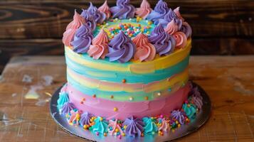 A vibrant birthday cake featuring layers of sponge and colorful buttercream frosting photo