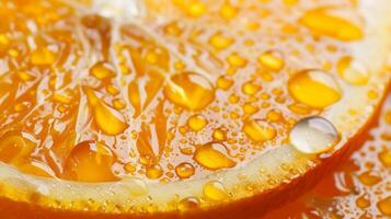 un recién rebanado naranja brillante con agua gotas foto