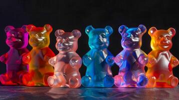 Colorful, translucent gummy bears figurine showcasing a radiant spectrum of hues photo