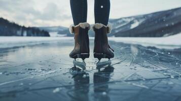 Legs in ice skates glides gracefully over a frozen lake photo