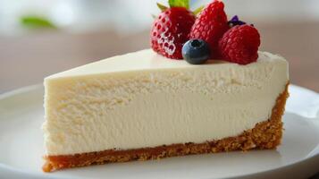 close up of a slice vanilla cheese cake moist with topping photo