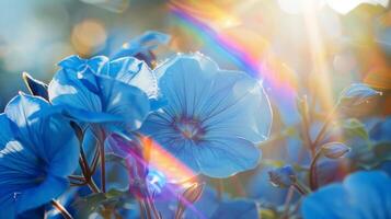 Closeup blue flower petals and sun rainbow glare photo