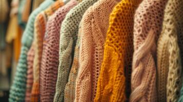 Bunch of knitted warm pastel color sweaters with different vertical knitting patterns hanging on the rack, clearly visible texture photo