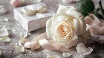 celebrar enamorado s día en estilo con un festivo saludo tarjeta presentando un delicado blanco Rosa un encantador arco foto