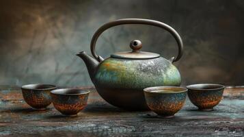 Traditional clay teapot with flat teapot, tea cups and teapot, Green japanese tea, Black iron asian teapot photo