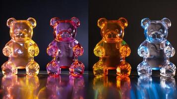 Colorful, translucent gummy bears figurine showcasing a radiant spectrum of hues photo