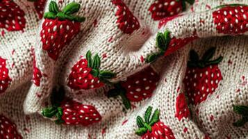 Knitted fabric with a strawberry pattern, photographed from directly above, fabric pattern photo
