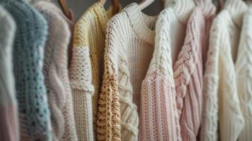 Bunch of knitted warm pastel color sweaters with different vertical knitting patterns hanging on the rack, clearly visible texture photo