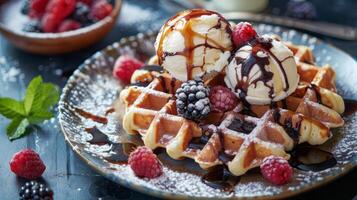 chocolate and caramel maple or honey syrup with ice cream scoop fresh baked waffles morning breakfast photo