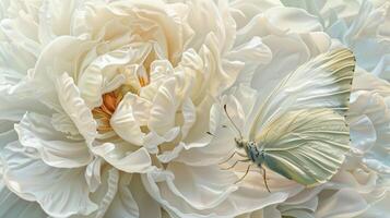 a very simple a fully-bloomed 'Gardenia Peony'And a butterfly, Butterfly close-up realistic, artistic, strokes, organic forms photo