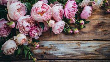 Fresh bunch of pink peonies and roses on wooden rustic background. Card Concept, pastel colors, close up image, copy space photo