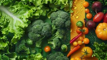 Poster of different vegetables, using green and paletted yellow panels, lettuce in the foreground photo