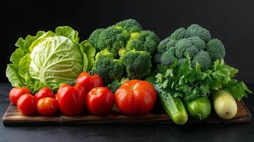Set of vegetables on a board and black background, cabbage, broccoli, cucumbers, peppers, tomatoes, lettuce. photo