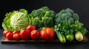 conjunto de vegetales en un tablero y negro fondo, repollo, brócoli, pepinos, pimientos, Tomates, lechuga. foto