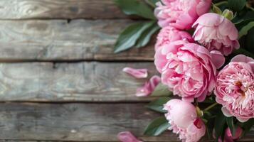 Fresh bunch of pink peonies and roses on wooden rustic background. Card Concept, pastel colors, close up image, copy space photo