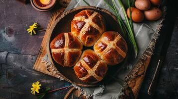 Overhead view of traditional easter hot cross buns photo