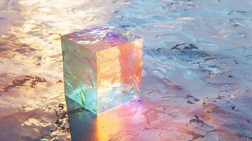 A small square of water that is covered by rainbow luster, in the style of made of wire photo