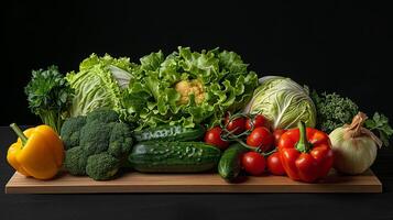 Set of vegetables on a board and black background, cabbage, broccoli, cucumbers, peppers, tomatoes, lettuce. photo