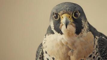 de cerca fotorrealista Nikon foto de un australiano halcón peregrino halcón en contra un crema antecedentes