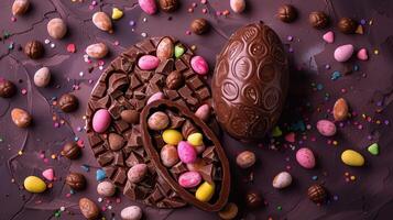 Overhead view of half a chocolate easter egg full of sweet chocolate treats photo