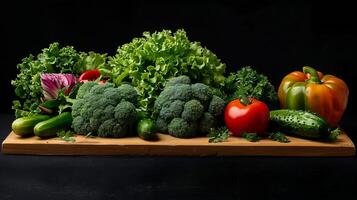 Set of vegetables on a board and black background, cabbage, broccoli, cucumbers, peppers, tomatoes, lettuce. photo