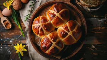 Overhead view of traditional easter hot cross buns photo