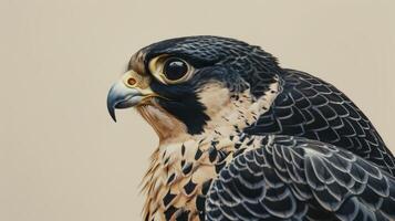 de cerca fotorrealista Nikon foto de un australiano halcón peregrino halcón en contra un crema antecedentes