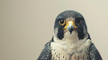 de cerca fotorrealista Nikon foto de un australiano halcón peregrino halcón en contra un crema antecedentes