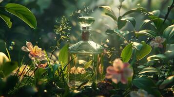 Rembrandt light,atmospheric lighting, A bottle of perfume, There is a tropical fish inside photo