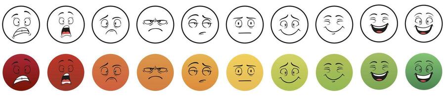 Black and color round faces emotions set vector