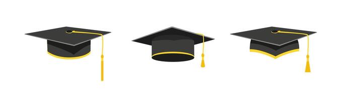 Graduate caps with gold tassels set. Black cap with square brim to celebrate successful graduation vector