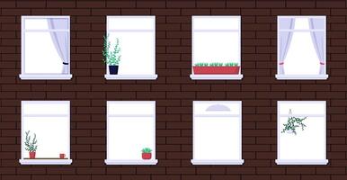 Apartment windows background. Residential building with flowers standing on windowsil vector