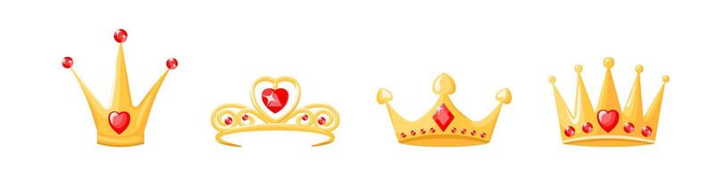 Golden crowns and tiaras with red ruby set vector