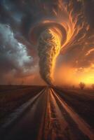 A very large tornado spiraling down from the sky, showcasing its destructive power photo