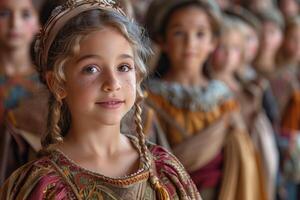 Young girls in medieval clothing preparing for a performance at the school theater photo