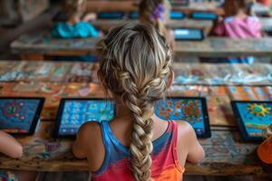 Children sitting at a table in a classroom, engaged with tablets for an interactive lesson photo