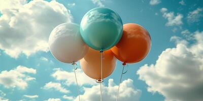 A variety of white, orange, and green balloons drifting in the air against a clear sky photo