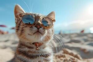 un de pelo blanco gato vistiendo Gafas de sol disfrutando el playa foto