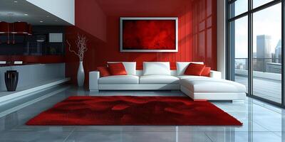 A modern living room featuring a white couch and a vibrant red rug photo