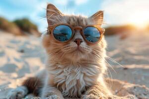 blanco peludo gato vistiendo Gafas de sol sentado en el arenoso playa foto