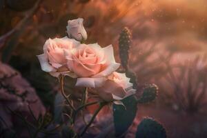 A close up of three pink roses with a cactus in the background photo