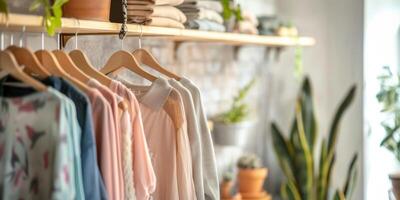 A rack of clothes is hanging on a wall with a potted plant in the background photo