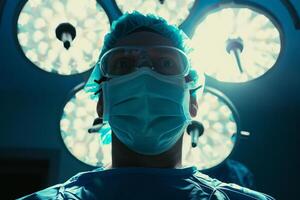 A man in a blue surgical mask stands in front of a lighted surgical room photo