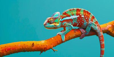 Vibrant Chameleon on Colorful Branch Against Blue Background photo