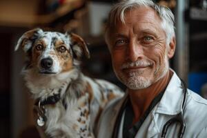 un hombre es sonriente y participación un perro foto