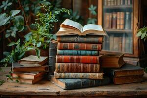 A stack of books with a book open on top photo