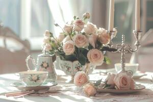 un mesa con un té conjunto y flores foto