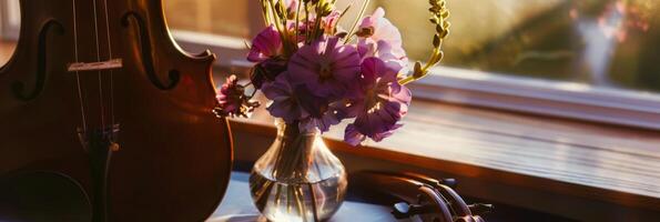 Vibrant Bouquet of Purple and Pink Flowers Beside a Violin photo