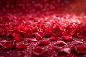 A red background with a lot of red petals scattered on it photo