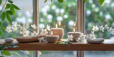 A wooden shelf with candles and rocks on it photo